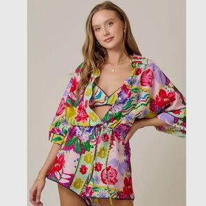 NEW! BOUTIQUE Pink Floral Colorful Shorts Romper & Matching Bralette